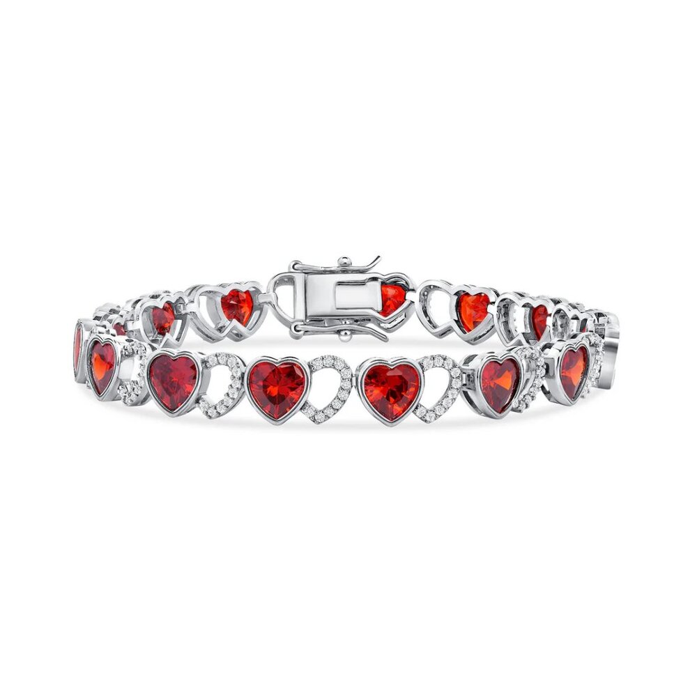 New 925 Sterling Silver Heart Shape Red Cubic Zirconia Heart Bracelet 7 inches